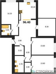 Планировка трехкомнатной(квартира) площадью 96.4 квадратных метров в ЖК “ЖК Квартал Издание”