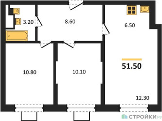 Планировка двухкомнатной(квартира) площадью 51.5 квадратных метров в ЖК “ЖК Видный берег 2”