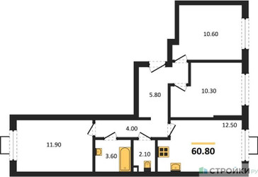 Планировка трехкомнатной(квартира) площадью 60.8 квадратных метров в ЖК “ЖК Лучи-2”