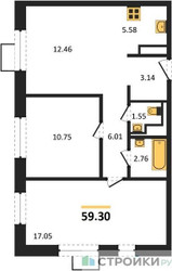 Планировка двухкомнатной(квартира) площадью 59.3 квадратных метров в ЖК “ЖК Алхимово”