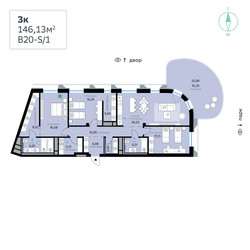 Планировка трехкомнатной(квартира) площадью 146.13 квадратных метров в ЖК “СберСити в Рублево-Архангельском”