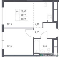 Планировка однокомнатной(квартира) площадью 37.22 квадратных метров в “ЖК Остафьево”