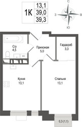 Планировка однокомнатной(квартира) площадью 39 квадратных метров в ЖК “ЖК КИНОКВАРТАЛ”