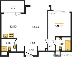 Планировка однокомнатной(квартира) площадью 59.7 квадратных метров в “ЖК ROTTERDAM (Роттердам)”