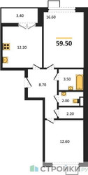 Планировка двухкомнатной(квартира) площадью 59.5 квадратных метров в ЖК “ЖК 1-й Донской (Первый Донской)”