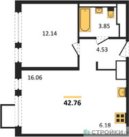 Планировка однокомнатной(квартира) площадью 42.76 квадратных метров в “ЖК Горки Парк”