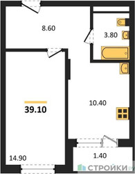 Планировка однокомнатной(апартаменты) площадью 37.2 квадратных метров в ЖК “ЖК Равновесие”