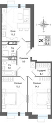 Планировка двухкомнатной(квартира) площадью 65.8 квадратных метров в ЖК “ЖК КИНОКВАРТАЛ”