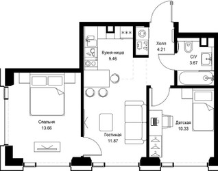 Планировка двухкомнатной(квартира) площадью 49.2 квадратных метров в ЖК “ЖК СЕТ”