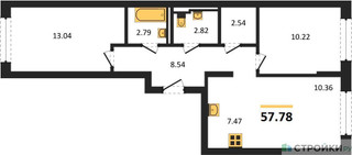 Планировка двухкомнатной(квартира) площадью 57.78 квадратных метров в “ЖК Молжаниново”