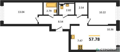 Планировка двухкомнатной(квартира) площадью 57.78 квадратных метров в ЖК “ЖК Молжаниново”