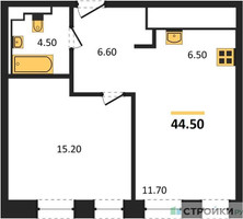 Планировка однокомнатной(квартира) площадью 44.5 квадратных метров в “ЖК INJOY (Инджой)”