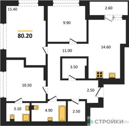 Планировка трехкомнатной(квартира) площадью 80.2 квадратных метров в ЖК “ЖК Первый квартал”