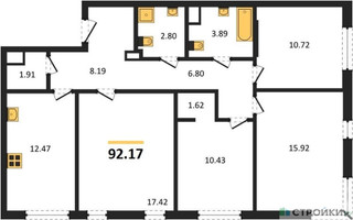 Планировка 4+ комнатной(квартира) площадью 92.17 квадратных метров в “ЖК Одинград. Квартал Семейный”