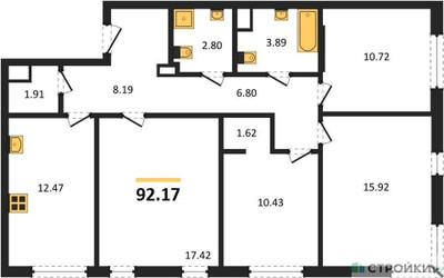 Планировка 4+ комнатной(квартира) площадью 92.17 квадратных метров в ЖК “ЖК Одинград. Квартал Семейный”