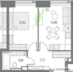 Планировка однокомнатной(квартира) площадью 41.25 квадратных метров в ЖК “ЖК Upside Towers (Апсайд Тауэрс)”