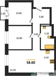 Планировка двухкомнатной(квартира) площадью 58.6 квадратных метров в ЖК “ЖК Квартал Метроном”