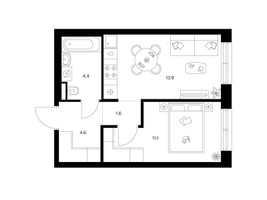 Планировка однокомнатной(квартира) площадью 35.6 квадратных метров в “ЖК Ильинские луга”