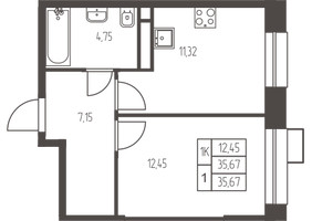Планировка однокомнатной(квартира) площадью 35.7 квадратных метров в “ЖК Новая Ивантеевка”