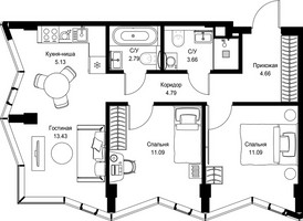 Планировка двухкомнатной(квартира) площадью 56.64 квадратных метров в “Дом премиум-класса МИРА”