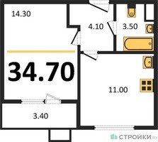 Планировка однокомнатной(квартира) площадью 34.7 квадратных метров в “ЖК ЮЖНАЯ БИТЦА”