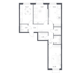 Планировка трехкомнатной(квартира) площадью 78.38 квадратных метров в ЖК “ЖК Мытищи Парк”