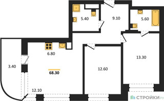 Планировка двухкомнатной(квартира) площадью 69.1 квадратных метров в “ЖК Родина Парк”