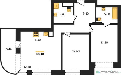 Планировка двухкомнатной(квартира) площадью 69.1 квадратных метров в ЖК “ЖК Родина Парк”