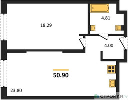 Планировка однокомнатной(апартаменты) площадью 50.9 квадратных метров в “ЖК EVOPARK Измайлово (Эвопарк Измайлово)”