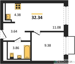 Планировка однокомнатной(квартира) площадью 32.34 квадратных метров в ЖК “ЖК Квартал Марьино”