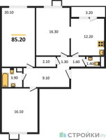 Планировка трехкомнатной(квартира) площадью 85.2 квадратных метров в “ЖК ЮЖНАЯ БИТЦА”