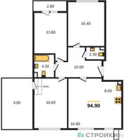 Планировка трехкомнатной(квартира) площадью 94.9 квадратных метров в “ЖК Датский Квартал”