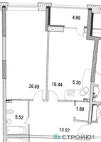 Планировка однокомнатной(апартаменты) площадью 73.15 квадратных метров в “ЖК Маршал”