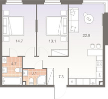 Планировка трехкомнатной(квартира) площадью 65.8 квадратных метров в “ЖК Twelve (Твелв)”
