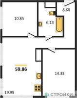 Планировка двухкомнатной(квартира) площадью 59.87 квадратных метров в “ЖК 1-й Нагатинский (Первый Нагатинский)”