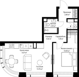 Планировка однокомнатной(квартира) площадью 49.4 квадратных метров в ЖК “ЖК Веер”