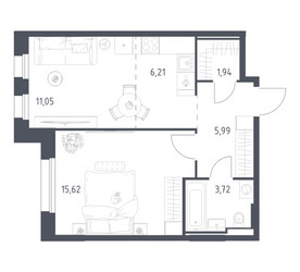 Планировка однокомнатной(квартира) площадью 44.53 квадратных метров в ЖК “ЖК Заречье Парк”