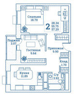 Планировка двухкомнатной(квартира) площадью 57.29 квадратных метров в “ЖК Новоград Монино”