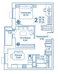 Планировка двухкомнатной(квартира) площадью 57.29 квадратных метров в ЖК “ЖК Новоград Монино”