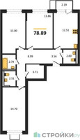 Планировка трехкомнатной(квартира) площадью 78.89 квадратных метров в “ЖК Новое Видное”