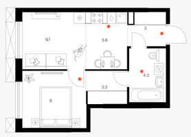 Планировка однокомнатной(квартира) площадью 34.5 квадратных метров в “ЖК Плеханова 11”