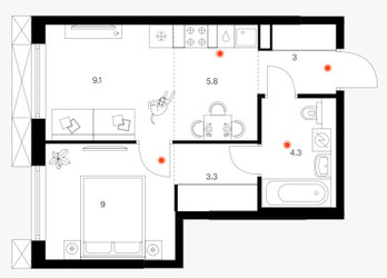 Планировка однокомнатной(квартира) площадью 34.5 квадратных метров в ЖК “ЖК Плеханова 11”