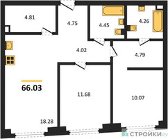 Планировка двухкомнатной(квартира) площадью 66.03 квадратных метров в “ЖК Гранд Фили”