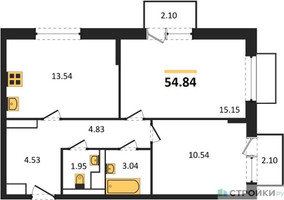 Планировка двухкомнатной(квартира) площадью 54.84 квадратных метров в “ЖК Томилино Парк”