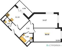 Планировка двухкомнатной(квартира) площадью 56.55 квадратных метров в “ЖК Светлый мир БиоПолис”