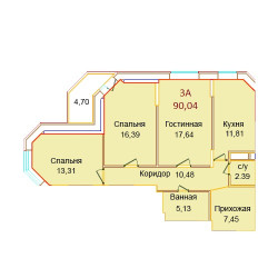 Планировка трехкомнатной(квартира) площадью 90.04 квадратных метров в ЖК “ЖК Эдельвейс-комфорт”