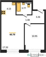 Планировка однокомнатной(квартира) площадью 40.79 квадратных метров в “ЖК Подольские кварталы”