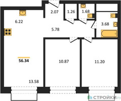 Планировка двухкомнатной(квартира) площадью 56.34 квадратных метров в “ЖК Новоград Павлино”