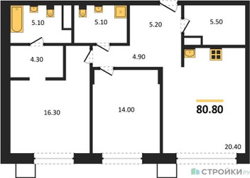 Планировка двухкомнатной(квартира) площадью 80.8 квадратных метров в ЖК “ЖК Резиденции Сколково”