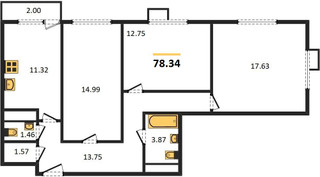 Планировка трехкомнатной(квартира) площадью 78.34 квадратных метров в “ЖК Катуар”